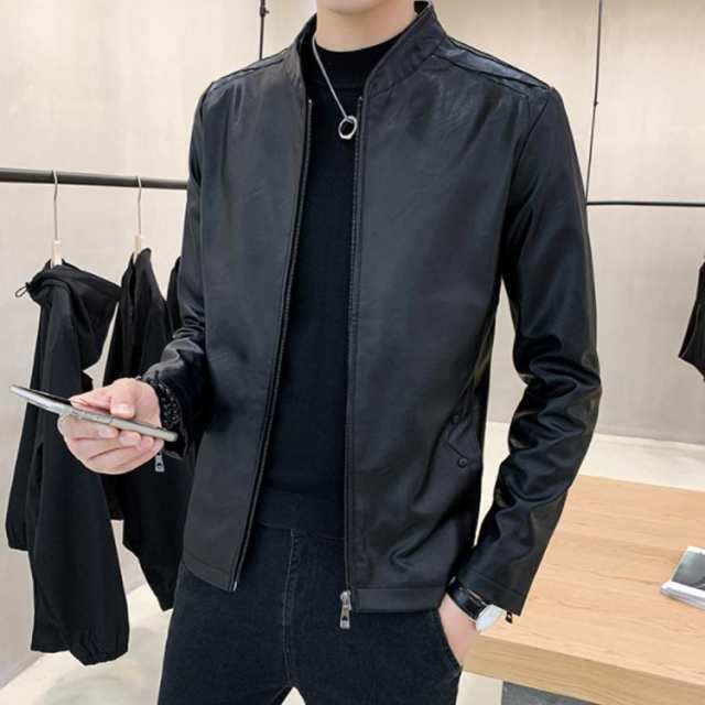 スタジャン ジャケット ブルゾン フェイクレザージャケット メンズ レザージャケット メンズジャケット PU 合皮 ジップアップ スタンドカラー 立襟 裏ボア 裏起毛 暖かい 春 秋 冬 アウター 大きサイズ スタジアムジャケット