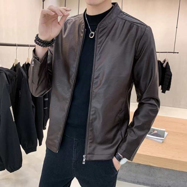 スタジャン ジャケット ブルゾン フェイクレザージャケット メンズ レザージャケット メンズジャケット PU 合皮 ジップアップ スタンドカラー 立襟 裏ボア 裏起毛 暖かい 春 秋 冬 アウター 大きサイズ スタジアムジャケット