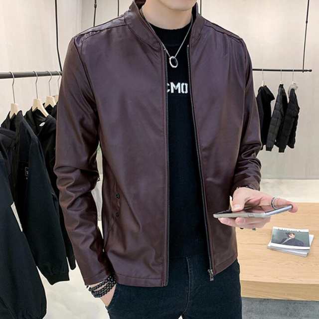 スタジャン ジャケット ブルゾン フェイクレザージャケット メンズ レザージャケット メンズジャケット PU 合皮 ジップアップ スタンドカラー 立襟 裏ボア 裏起毛 暖かい 春 秋 冬 アウター 大きサイズ スタジアムジャケット