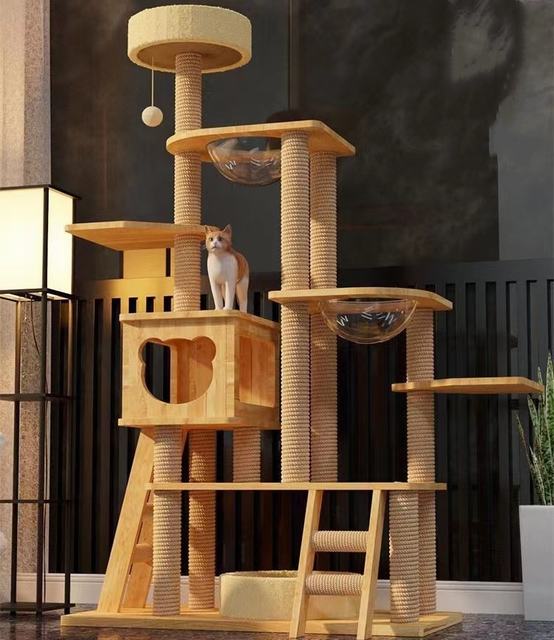 キャットタワー 透明宇宙船 頑丈 据え置き木製 麻紐 爪とぎボール 猫ベッド 大型 木目調　多頭飼い 据え置き型 爪とぎ 猫タワー 爪研ぎ 高さ177cm