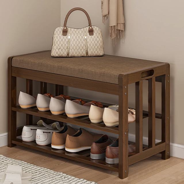 玄関ベンチ 3段式靴収納 シューズラック 玄関収納 収納ベンチ 竹製 玄関