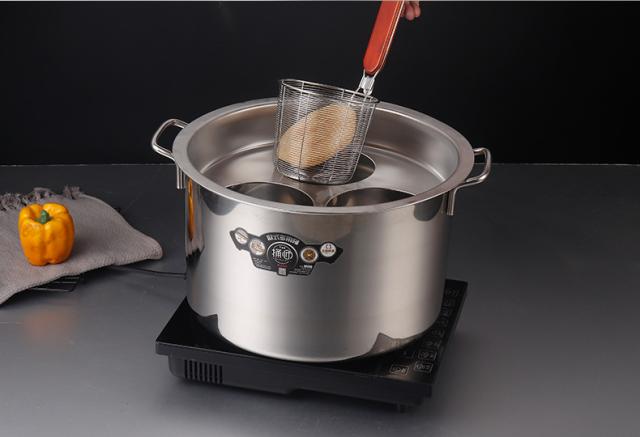 業務用店舗用 そばゆで釜 茹麺鍋セット リング付 ザル付 3*13cm ステンレス IH対応 ふきこぼれない 3穴_6