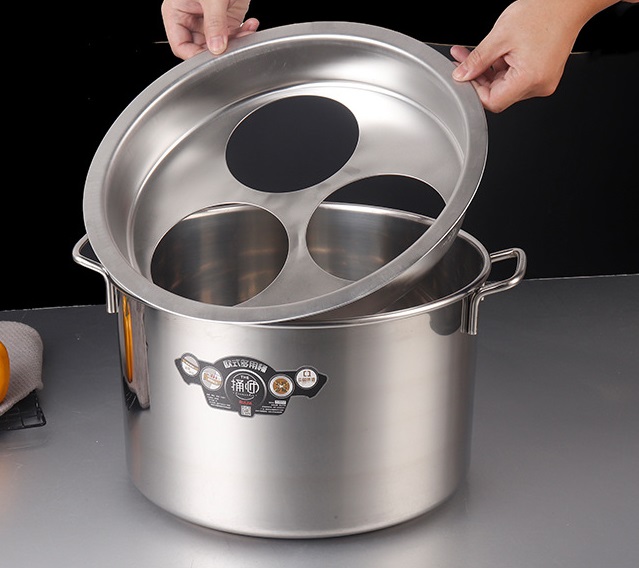 業務用店舗用 そばゆで釜 茹麺鍋セット リング付 ザル付 3*13cm ステンレス IH対応 ふきこぼれない 3穴_7