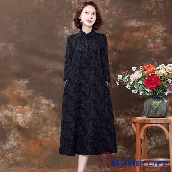 ライン 七分袖 花柄 ロング丈 結婚式ワンピース 叔母 50代 お食事会 顔合わせ服装 母親 60代 40代 お宮参り 70代 祖母 株式会社S＆L 姪 ぼっちゃり シニア 黒