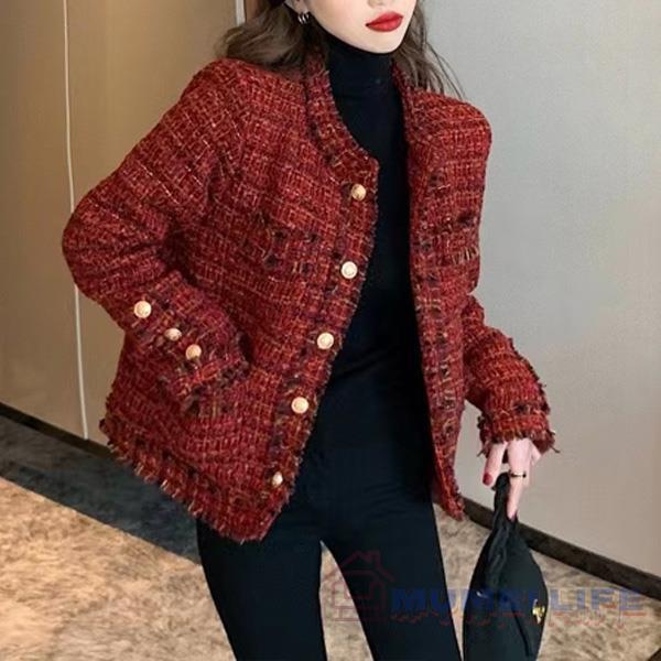 ノーカラージャケット　ショートジャケット　ツイード　レッド系　株式会社S＆L カジュアル　セレモニー　結婚式　大きいサイズ有り２XL　ほっそり効果大