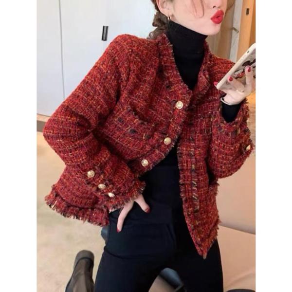 ノーカラージャケット　ショートジャケット　ツイード　レッド系　株式会社S＆L カジュアル　セレモニー　結婚式　大きいサイズ有り２XL　ほっそり効果大 ノーカラージャケット ショートジャケット ツイード レッド系 株式会社