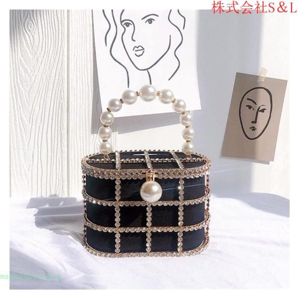 イブニングクラッチバッグ女性の高級パールビーズメタリックケージハンドバッグパーティー財布バッグイブニングバッグ (Color : Black Size : 18.8*9*12cm)