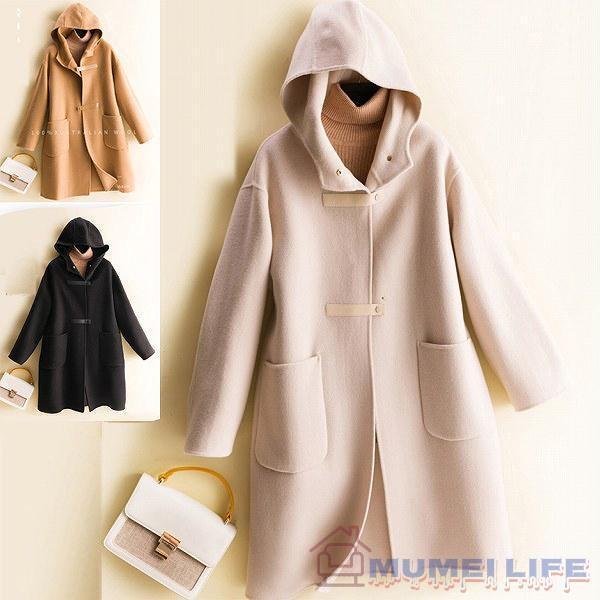 フード付きハーフコート　リバーコート　ウール100%　ダッフルコート風　通勤通学　防寒　株式会社S＆L　ほっそり効果大 20代30代40代50代　ミセス