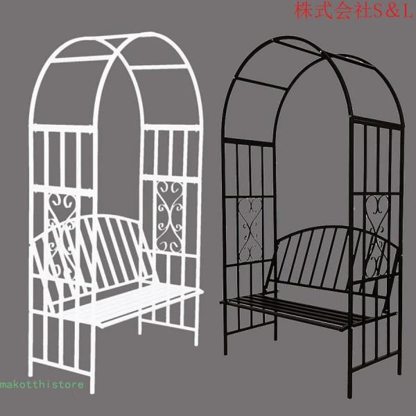 ブラック/白いフラワーアーチベンチ付き大きな金属製バラアーチ庭のアーチ幅114cm高さ206cm園芸棚S＆L耐候性パーゴラ(色:白いサイズ:W114xH206x50cm)