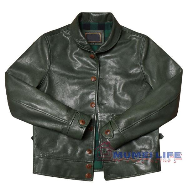 》イタリア産ベジタブルタンニン鞣しヤギ革 レザージャケット 和風 コサック グリーン S＆L フルーツカラー メンズ 本革ジャケット スリム ショートコート イタリア産ベジタブルタンニン鞣しヤギ革 レザージャケット 和風