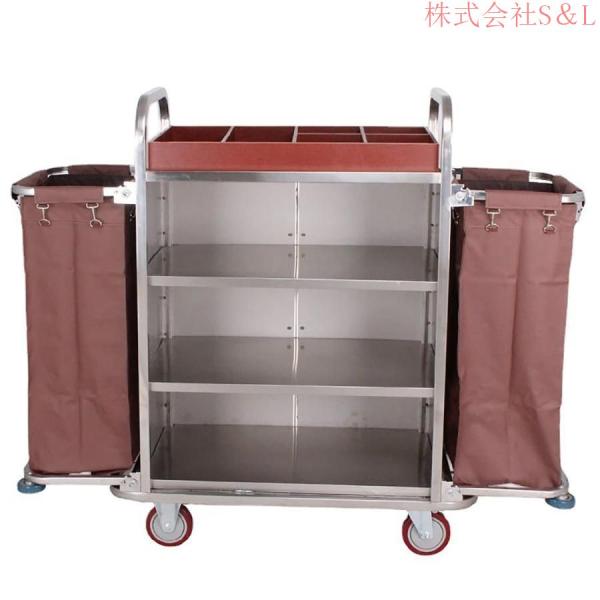 ホテルリネンカート ランドリーカート 多目的クリーニングトロリー 業務用ダストカート ホテル清掃台車 2つの大容量防水収納袋、3つのトレイ