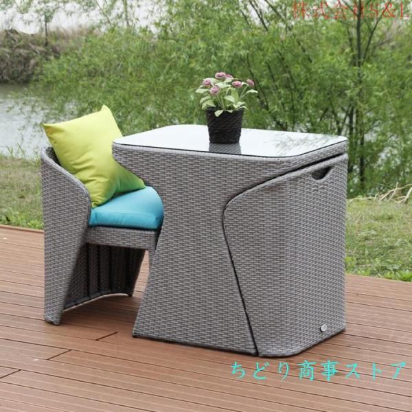 ガーデンソファー ラタン調 ガーデンテーブルセット 防水 ガーデンチェアー 屋外 3点、2籐椅子1強化ガラステーブルS＆L折りたたみ式屋外パティオ家具セット設置