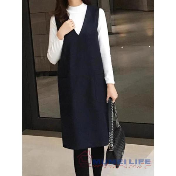 V襟ジャンバースカート　ウール　ブラック　暖か　防寒　ひざ丈　ジャンパースカート　S＆L 大きいサイズ有　Mから4L　お出かけ女子会20代30代40代50代60代