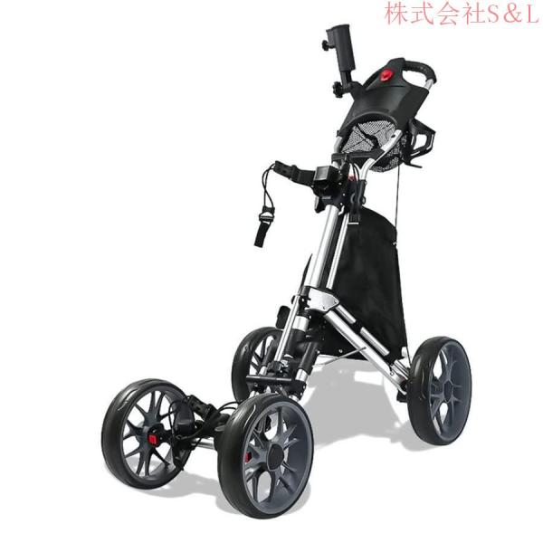 ゴルフプッシュカート ゴルフ用カート プッシュプルゴルフカート 4輪折りたたみ式ゴルフトロリーS＆Lドリンクボトル付き開閉が簡単 アルミ合金製 練習収納手引き