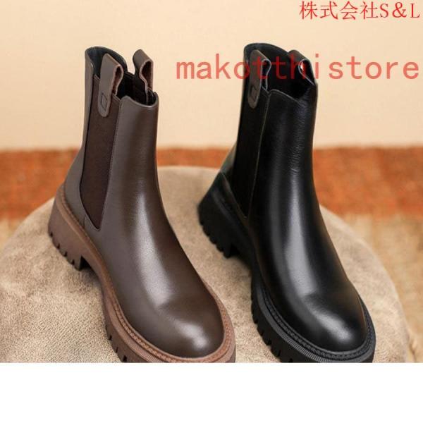 本革サイドゴアブーツサイドゴアショートブーツ 厚底 レディースレインブーツ靴ミドル丈チェルシーブーツベルト飾り ストレッチブーツ 歩きやすいローヒール