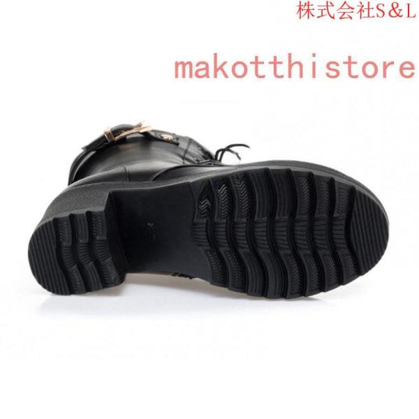 7cm レディース ショートブーツ 厚底 黒 太ヒール レースアップ サイド