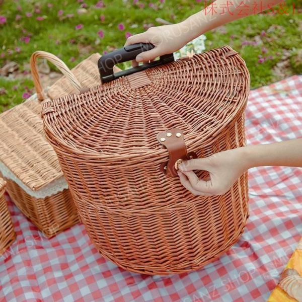 ピクニックバスケットかごおしゃれ籐プーリー付き籐編み春遊び収納