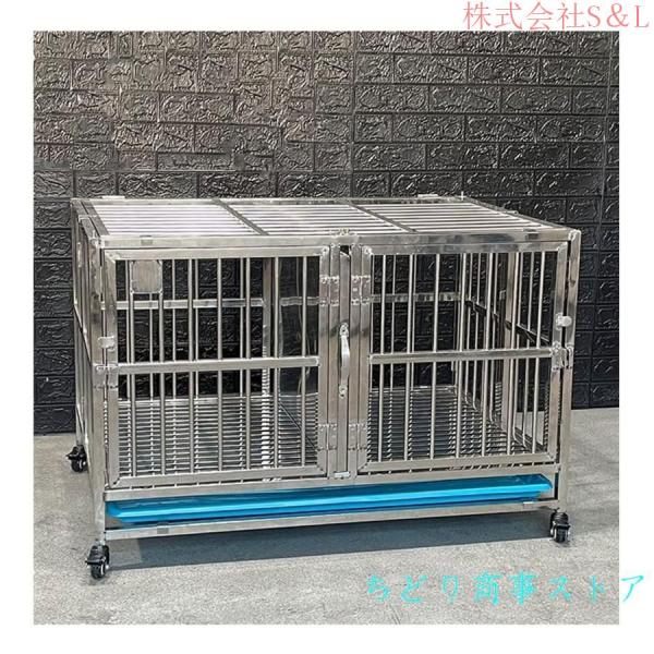 テンレス製の犬用ケージ 2匹の犬が喧嘩しないように真ん中に仕切りがあります S＆L 屋内と屋外に適しています ユニバーサルホイール、トレイ付き 小型犬用