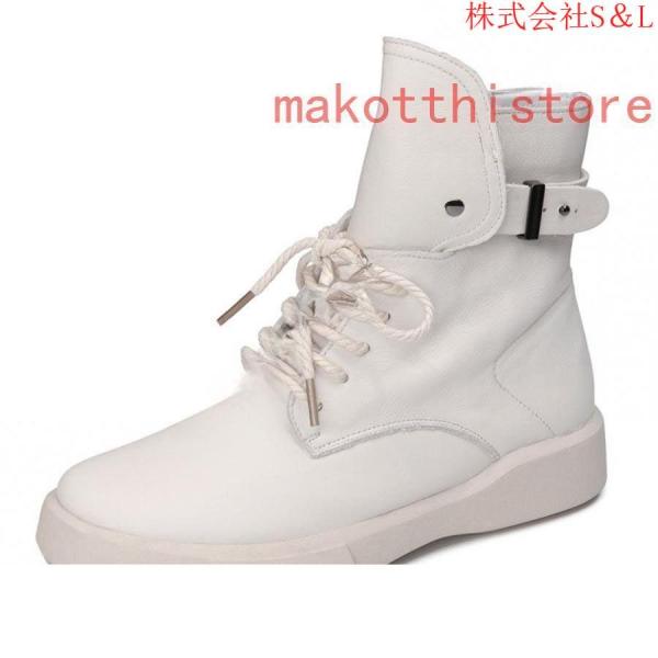 レディース レースアップブーツ 本革 フラット サイドジップ ショート