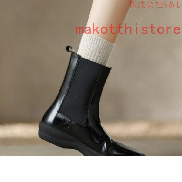 レディース ショートブーツ 本革 サイドゴアブーツ 牛革 ローヒール チェルシーブーツ S＆L 厚底 身長アップ アンクルブーツ プラットフォーム レザー 4.5cm