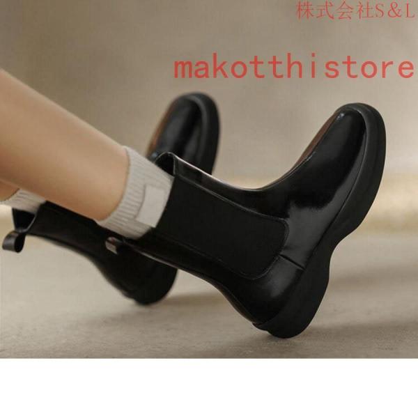 レディース ショートブーツ 本革 サイドゴアブーツ 牛革 ローヒール チェルシーブーツ S＆L 厚底 身長アップ アンクルブーツ プラットフォーム レザー 4.5cm