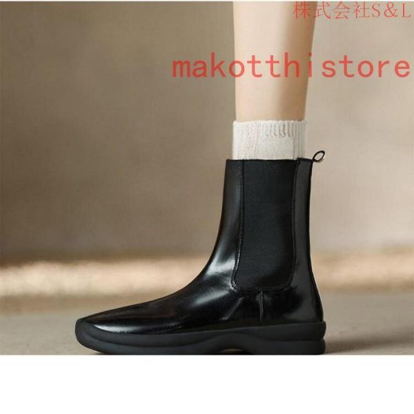レディース ショートブーツ 本革 サイドゴアブーツ 牛革 ローヒール チェルシーブーツ S＆L 厚底 身長アップ アンクルブーツ プラットフォーム レザー 4.5cm