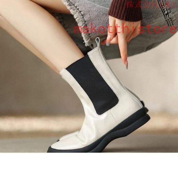 レディース ショートブーツ 本革 サイドゴアブーツ 牛革 ローヒール チェルシーブーツ S＆L 厚底 身長アップ アンクルブーツ プラットフォーム レザー 4.5cm