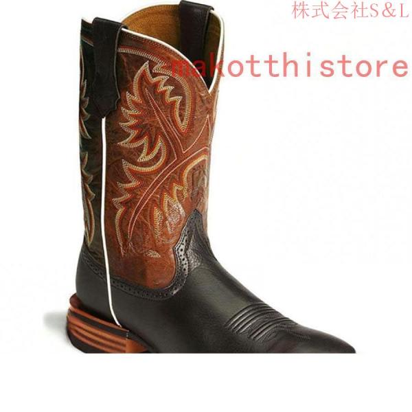 ウエスタンブーツ ウエスタン カントリーダンス カウボーイ 刺繍 ロングブーツ 女性用 本革調 茶色 花柄 ブラウンS＆L スクエアトゥ ジョッキーブーツローヒール