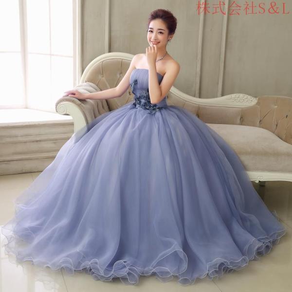 カラードレス ロングドレス 演奏会 イベント 演出 プリンセスライン ステージ 舞台衣装 S＆L発表会 コンサート コンクール 大人 グレーブルー ビスチェ 編み上げ