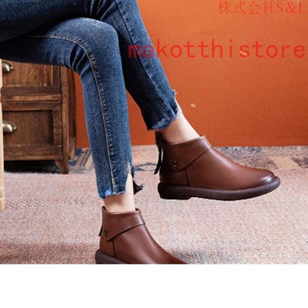 ショートブーツ バックジッパー エスニック 快適 柔らか 本革 軽量 歩きやすい 疲れにくい フラットシューズ 厚底 ラウンドトゥS＆L 仕事 通勤 お出かけ 旅行