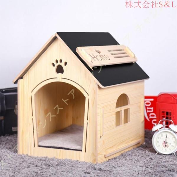 [JUI3N]犬ハウス天然木小型犬木目調夏犬小屋ペットハウス猫ハウス猫ベッド室内用ペットベッド窓あり寝床S＆L組み立て簡単マット付き中型犬ネコ用_2