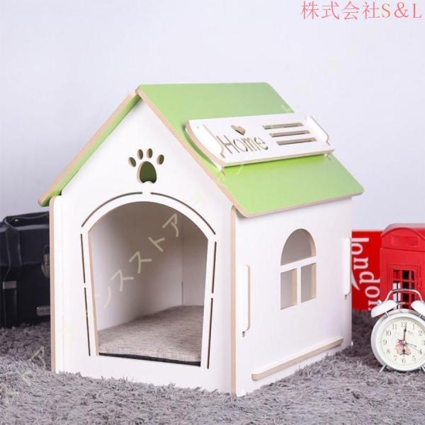 [JUI3N]犬ハウス天然木小型犬木目調夏犬小屋ペットハウス猫ハウス猫ベッド室内用ペットベッド窓あり寝床S＆L組み立て簡単マット付き中型犬ネコ用_4