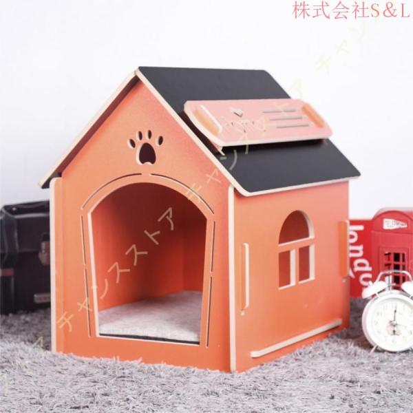 [JUI3N]犬ハウス天然木小型犬木目調夏犬小屋ペットハウス猫ハウス猫ベッド室内用ペットベッド窓あり寝床S＆L組み立て簡単マット付き中型犬ネコ用_5