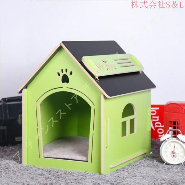 [JUI3N]犬ハウス天然木小型犬木目調夏犬小屋ペットハウス猫ハウス猫ベッド室内用ペットベッド窓あり寝床S＆L組み立て簡単マット付き中型犬ネコ用_6