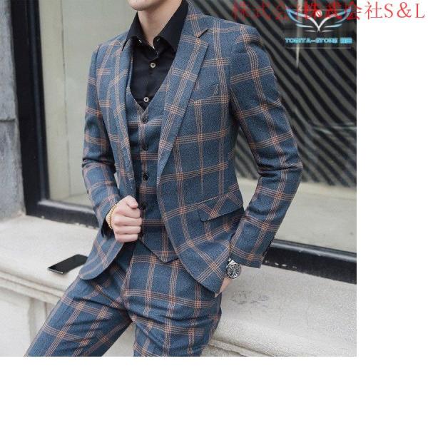 3ピーススーツ メンズ 結婚式 ビジネススーツ 紳士 スリーピース スリーピー 株式会社S＆L 細身 1つボタン チェック柄 スーツ セットアップ 秋