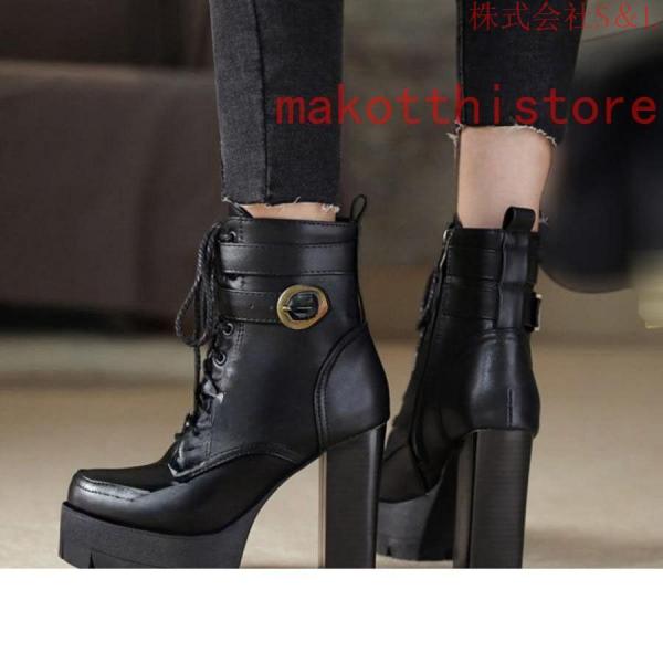 11.5cm レディース ショートブーツ 厚底 太ヒール サンダル レースアップ 編み上げ 黒 ブラック コスプレブーツ S＆Lライブ ゴスロリ パンク ロックファッション