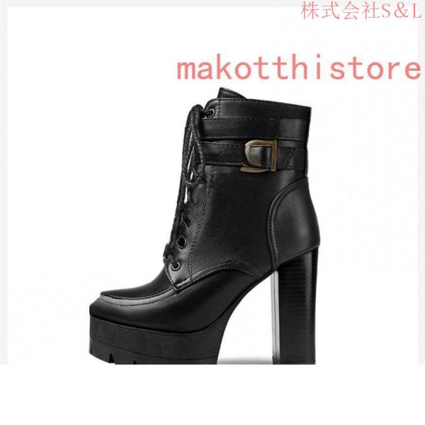 11.5cm レディース ショートブーツ 厚底 太ヒール サンダル レースアップ 編み上げ 黒 ブラック コスプレブーツ S＆Lライブ ゴスロリ パンク ロックファッション