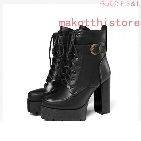 11.5cm レディース ショートブーツ 厚底 太ヒール サンダル レースアップ 編み上げ 黒 ブラック コスプレブーツ S＆Lライブ ゴスロリ パンク ロックファッション