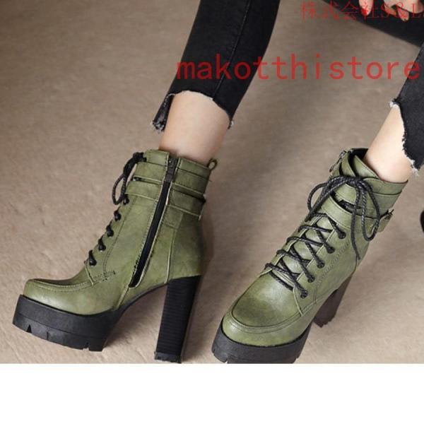 11.5cm レディース ショートブーツ 厚底 太ヒール サンダル レースアップ 編み上げ 黒 ブラック コスプレブーツ S＆Lライブ ゴスロリ パンク ロックファッション