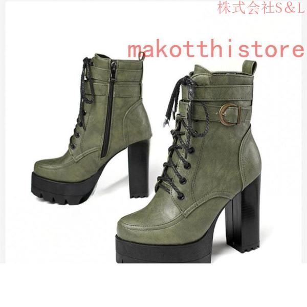 11.5cm レディース ショートブーツ 厚底 太ヒール サンダル レースアップ 編み上げ 黒 ブラック コスプレブーツ S＆Lライブ ゴスロリ パンク ロックファッション