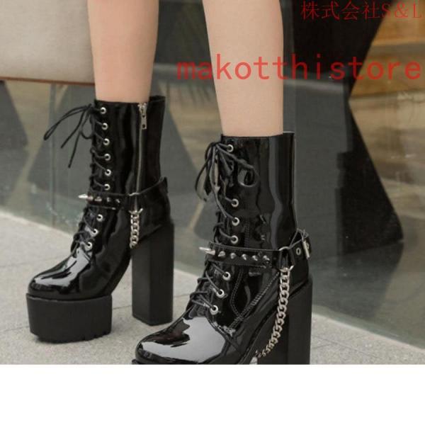 ショートブーツ ジャンヌ ダルク風 太ヒール 編み上げブーツ レースアップ S＆L 袴ブーツ パンク靴 大きいサイズ 24.0cm サイドジップ 歩きやすい チェーン付き