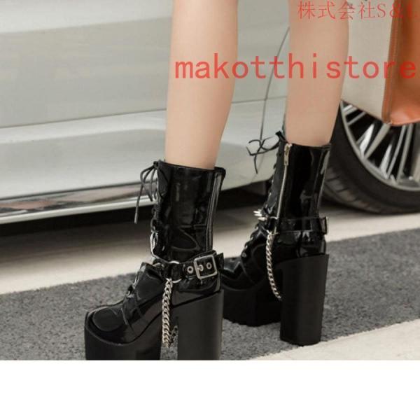 ショートブーツ ジャンヌ ダルク風 太ヒール 編み上げブーツ レースアップ S＆L 袴ブーツ パンク靴 大きいサイズ 24.0cm サイドジップ 歩きやすい チェーン付き