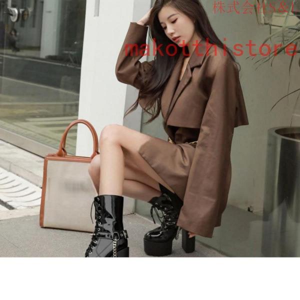 ショートブーツ ジャンヌ ダルク風 太ヒール 編み上げブーツ レースアップ S＆L 袴ブーツ パンク靴 大きいサイズ 24.0cm サイドジップ 歩きやすい チェーン付き