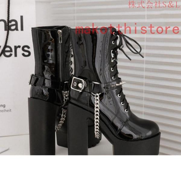 ショートブーツ ジャンヌ ダルク風 太ヒール 編み上げブーツ レースアップ S＆L 袴ブーツ パンク靴 大きいサイズ 24.0cm サイドジップ 歩きやすい チェーン付き