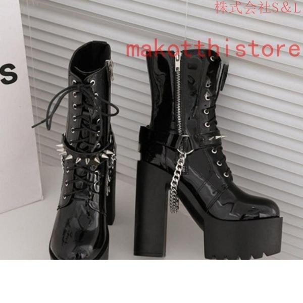 ショートブーツ ジャンヌ ダルク風 太ヒール 編み上げブーツ レースアップ S＆L 袴ブーツ パンク靴 大きいサイズ 24.0cm サイドジップ 歩きやすい チェーン付き