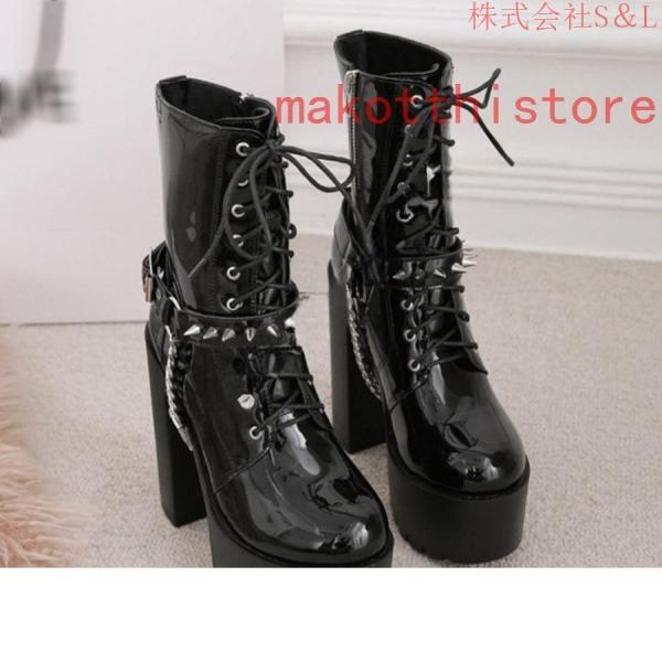 ショートブーツ ジャンヌ ダルク風 太ヒール 編み上げブーツ レースアップ S＆L 袴ブーツ パンク靴 大きいサイズ 24.0cm サイドジップ 歩きやすい チェーン付き