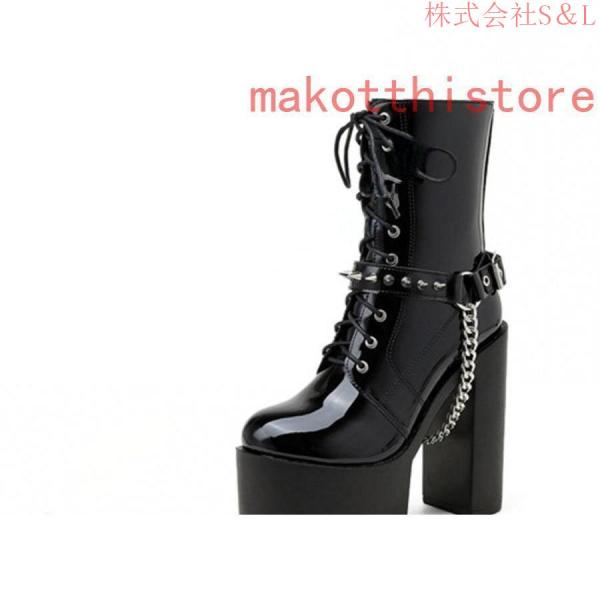 ショートブーツ ジャンヌ ダルク風 太ヒール 編み上げブーツ レースアップ S＆L 袴ブーツ パンク靴 大きいサイズ 24.0cm サイドジップ 歩きやすい チェーン付き