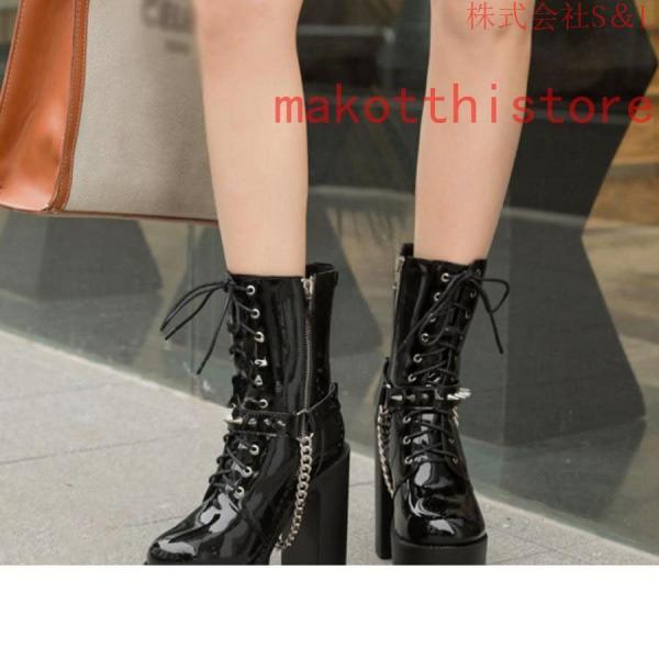 ショートブーツ ジャンヌ ダルク風 太ヒール 編み上げブーツ レースアップ S＆L 袴ブーツ パンク靴 大きいサイズ 24.0cm サイドジップ 歩きやすい チェーン付き