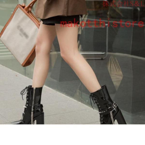 ショートブーツ ジャンヌ ダルク風 太ヒール 編み上げブーツ レースアップ S＆L 袴ブーツ パンク靴 大きいサイズ 24.0cm サイドジップ 歩きやすい チェーン付き