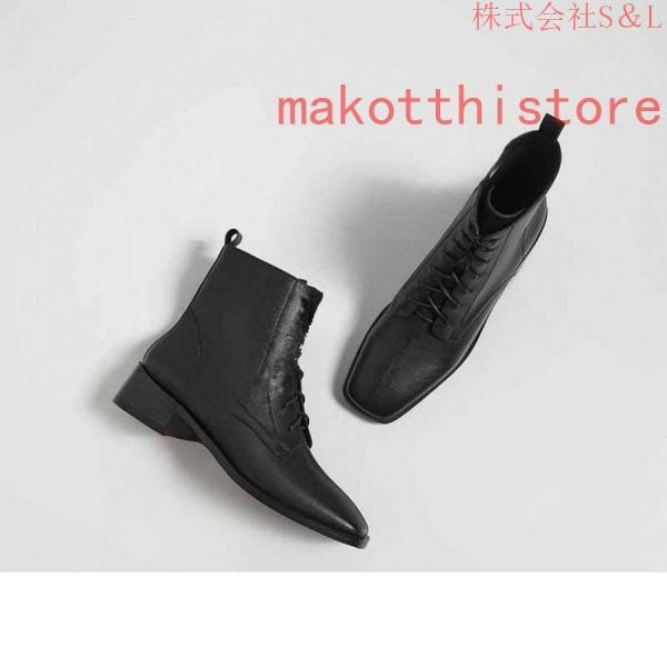 3.5CM 厚底 ショートブーツ 太ヒール 編み上げブーツ レースアップ 袴ブーツ S＆L 卒業式 衣装 ブーツ ハイヒール レディース 黒 白 スクエアヒール 履きやすい